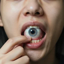 headshot of person holding an eye in their mouth, hyperrealistic, insane detail, real life, realisitc, ray tracing, 1 6 k hd