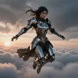 biblical diabolical beautiful female valkyree! samurai cyborg, slick metal plastic armor, jump, heavy eyes to the side, closeup, bright glowing eyes, in clouds, rain, sunset, portrait, by gerald brom, by mikhail vrubel, by peter elson, muted colors, extreme detail, reflections, trending on artstation, 8 k