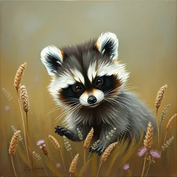 oil painting, littlest pet shop cute fuzzy racoon in field, close up, noel coypel, emile eisman - semenowsky, edouard bisson