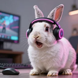 A rabbit, video games, screaming in anger, wearing a neon headset, realistic, HDR shot