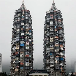 two giant towers, made up of makeshift squatter shacks, misty, dystopia, mamiya rb 6 7, fully frontal view, very detailed, digital glitches, photographed by ansel adams