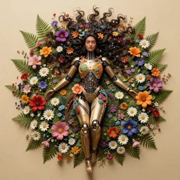 a beautiful intricate fine art portrait photo of an indian cyborg with epic curly hair spread out around her lined with beautiful colorful flowers and ferns, lying on a bed of daisies, by natalie shau and james christensen, masterpiece!, top view, studio lighting, golden ratio composition, 3 5 mm lens, deep depth of field, artstation, 8 k