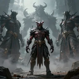 a great demon who is standing before the giant gods, character design, Dark fantasy, unreal engine 5, realistic, sci-fi, trending on art station,-n4