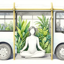ultra detailed digital pencil and watercolors and illustration of meditating person, many plants grow inside the bus by wes anderson, tim burton, tomm moore, jean pierre jeunet ; 4 k 8 k hd high resolution ;