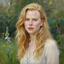 portrait of nicole kidman in the garden, morning, highly detailed, ultrarealistic oil painting, vladimir volegov, artstation