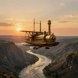 a steam powered flying boat flies above a river valley at sunset, matte painting by frederic edwin church, golden hour, nature, fantasy art, trending on artstation, deviantart, behance, highly detailed, rule of thirds, crepuscular rays, steam punk