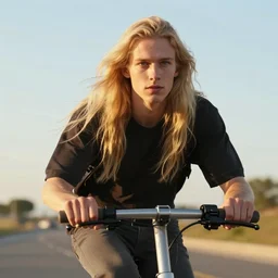 portrait photo of a pale young man with really long blond hair riding a scooter, high quality, golden hour