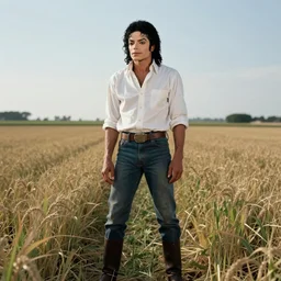 Michael Jackson as a farmer from the 1600s standing in the middle of a field, realistic