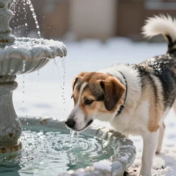 a photo of a dog drinking from a fountain, in winter, with glitter in the air