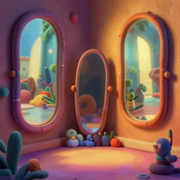 mirrors, james jean style, claymation style, colourful, volumetric light,, dramatic light, analogue photo, vfx art, digital painting, digital illustration, unreal engine render,