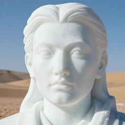 close up of face of a fashion ice sculpture, in desert, official versace editorial, highly detailed