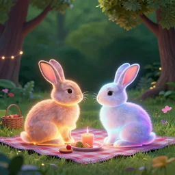 two rabbits in love with each other are having a picnic in the park, neon art