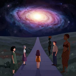 pathway to otherworldly galaxies, pixiv fanbox, cinematic light, anime style, graphic novel by fiona staples and dustin nguyen, peter elson, alan bean, wangechi mutu, clean cel shaded vector art