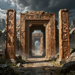ruins of ancient technology, wooden sigils, portal to another dimension, cg society