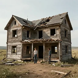 concept art of two husbands leave each other inside a big wooden broken house, wide angle, 4K highly detailed