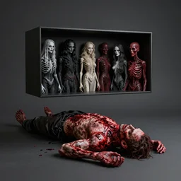 lament configuration box floating above skinned bloody man in hell by clive barker, alex grey, lisa frank, beksinski