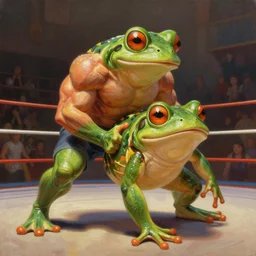 a muscular anthro frog character suplexing an anthro toad character in a makeshift wrestling ring, dynamic, oil painting, cartoon, very detailed