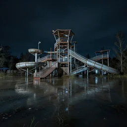 a soviet waterpark. flooded, empty, dark abandoned.