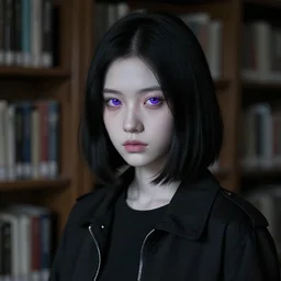 1 9 - year - old pale - skinned persian girl with black long bob cut, black jacket, purple eyes, psychic girl, in a gloomy library