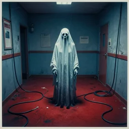 Creepy pale ghost surrounded by cables in dirty motel room, red devil carpet | cyanotype 70's scratched photo | Aesthetics of Silent Hill game