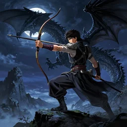 archer. dragon. night sky. moon. mountain. dark fantasy. high resolution. epic fight. detailed. digital art. by kentaro miura