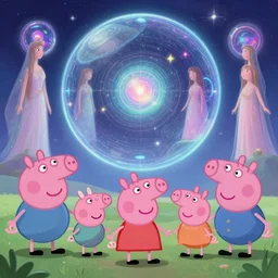 a painting of very well dressed goats, medieval peppa pig, cyberpunk art by android jones and mike beeple winkelmann, eye - candy, ethereal goddesses, the universe is a spheroid region 7 0 5 meters in diameter, dream palace, cute animals and magic portals, cinematic, highly detailed, blender 3 d, trending on cgsociety, 3 d render, rendered in octane