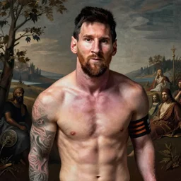 Lionel Messi shirtless, Renaissance style, hyperdetailed
