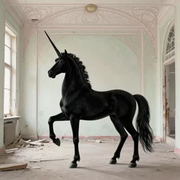a black unicorn in a soviet abandoned building, film still by david lynch, depicted by balthus, limited color palette, very intricate, art nouveau, highly detailed, lights by hopper, soft pastel colors, minimalist
