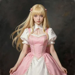 misa amane wearing sakura kinomoto dress, blonde hair. by rembrandt, by konstantin razumov