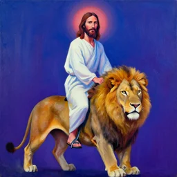 jesus riding a lion, looking into the camera, by ross tran, digital art of neon stripe oil on canvas