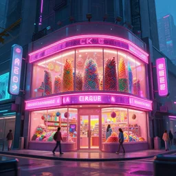photo from the street, big candy shop in a cyberpunk city