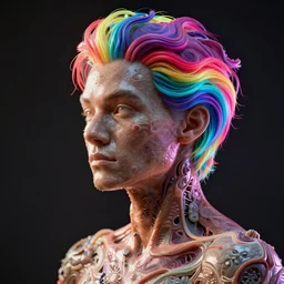 computer device made of flesh and skin with neon rainbow hair, ultra high detail photorealistic