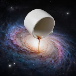 upside down coffee mug depicted falling into a spiral galaxy.
