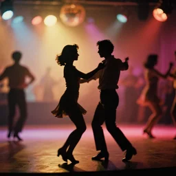 a 2 8 mm macro photo of dancers at a colorful discotheque in silhouette in the 1 9 7 0 s, bokeh, canon 5 0 mm, cinematic lighting, dramatic, film, photography, golden hour, depth of field, award - winning, 3 5 mm film grain