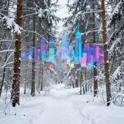 double exposure of a white snowy forest and a colorful hologram city