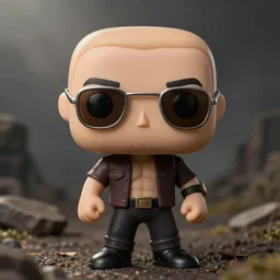 funko pop of British Kickboxer Andrew Tate, bald, with dark brown sunglasses, and stubble beard, fantasy, figurine