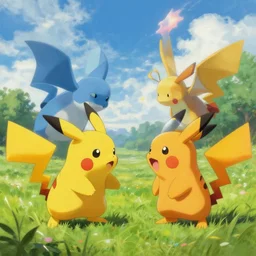 pokemons fighting to the death on a meadow, digital art, highly detailed, oil painting, moebius style