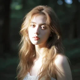close up portrait of a goddess of fate in a forest, by trent parke, overexposed, low quality film artifacts