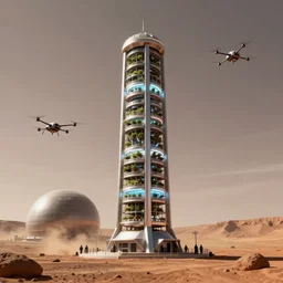 vertical farm tower next to a glowing sci - fi dome on mars, drones nearby, a sense of hope and optimism, hyper realistic, high res, 4 k, dusty light, edouard groult, bynde, kirill leonov, isaac zuren, edward barons