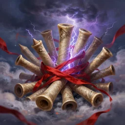 Storm of magic scrolls and red ribbons. Clouds, lighting. Fantasy, digital painting, HD, 4k, detailed, vibrant.
