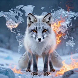 hyperrealistic portrait of arctic fox bring ice and fire and destruction to the world photorealistic symmetrical detailed fracta central compositionl