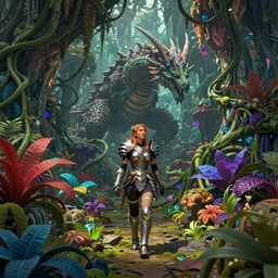 explorer woman walking in dragon armour, walking in a dense alien jungle with colourful red, blue and purple plants, large vines, mossy organic rock structures, in the style of monster hunter world, like concept art on artstation, hyperdetailed, vray render, octane render,