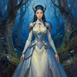 viking scifi pricess of the bluewood fjords, wearing a lovely dress with cyberpunk details. this oil painting by the award - winning mangaka has an interesting color scheme and impeccable lighting.