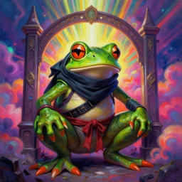 anthropomorphic ninja frog 🐸, [ style ] [ oil painting ] [ palate ] [ vibrant gothic colors ], 👾 vibrant neon nebulous clouds, radiant light rays, photorealistic painting, intricate and fine details, volumetric lighting, artstation, god figure at the gate