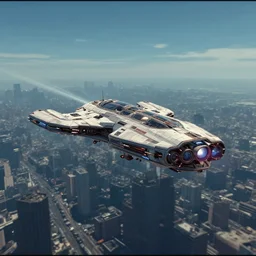 spaceship flying over city, a screenshot of blade runner