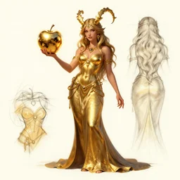 character design turnaround!!! sheet front eris goddess of chaos holding an reflective gold!!! metal apple, multiview