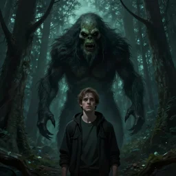 A scary wendigo creature behind a man in a dark forest, eerie, scary, horror, digital art, artstation, WLOP, Mandy Jurgens
