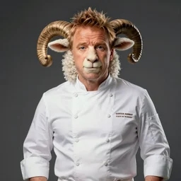 anthropomorphic portrait of chef gordon ramsay that looks like a sheep ram character, hyper detailed, digital art, trending in artstation, cinematic lighting, studio quality, smooth render, unreal engine 5 rendered, art style by klimt and nixeu and ian sprigger and wlop and krenz cushart and pixar