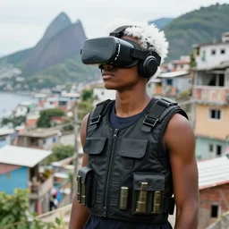 favela black boy with white hair wearing bulletproof vest and vr goggles, afrofuturism, rio de janeiro favela