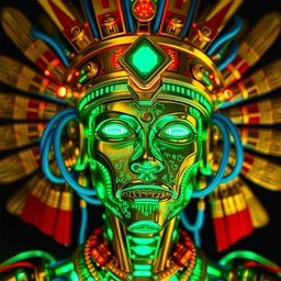 awardwinning photo of a gold and blue metallic shiny humanoid steampunk tut anch amun, the face is covered with green glowing digital circuits, wearing a glowing red and golden metallic aztec diadem with blue cables and shiny metallic gears, 3 d render, crisp, 8 k, fluorescent colors, nikon photography